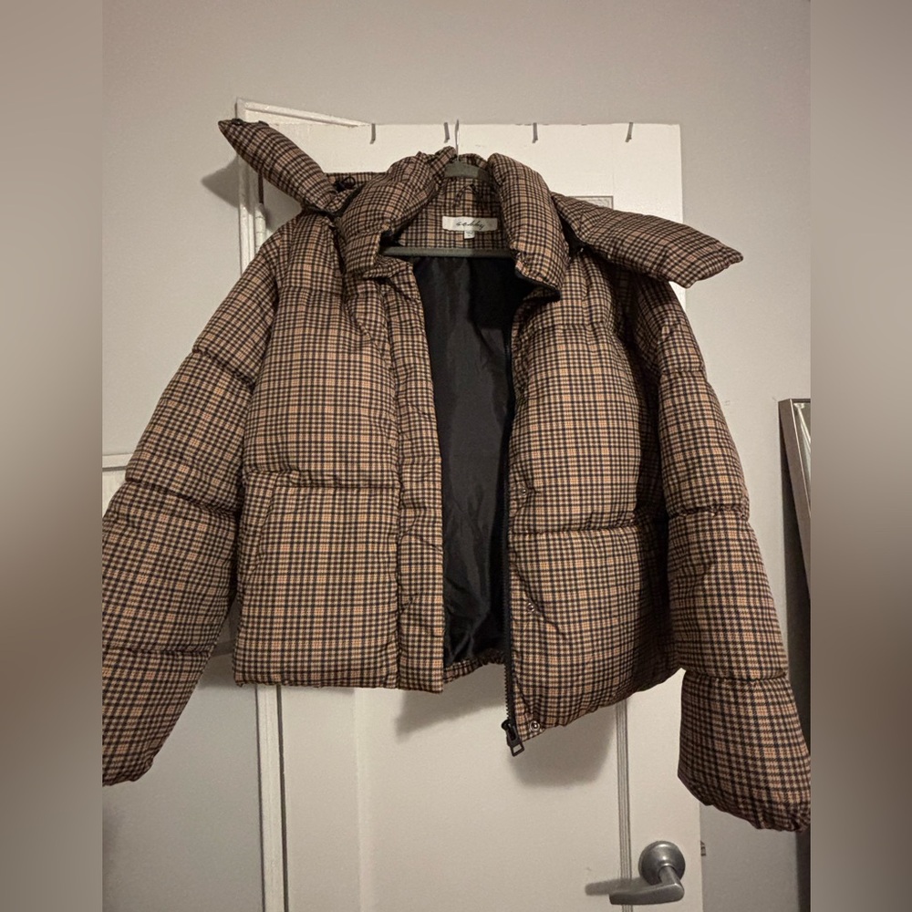 Sebby Brown Plaid Cropped Puffer Jacket